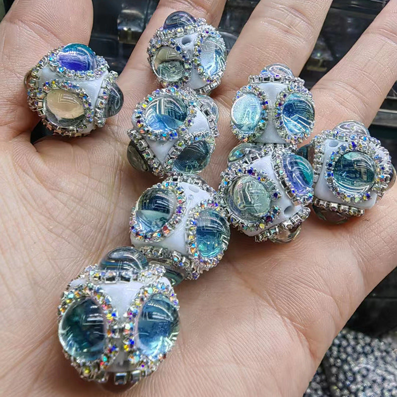 Wholesale of Six Sided Cat's Eye Stone Acrylic Inlaid Diamond Beads